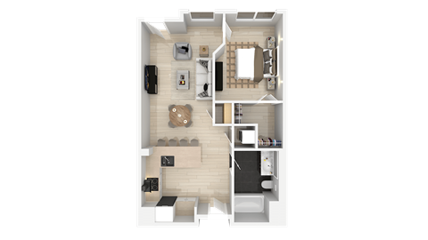 Floor plan for 1 bed, 1 bath, 629 sqft